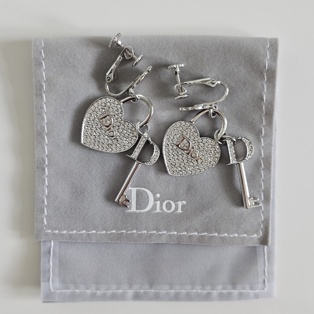 Christian Dior by John Galliano heart-key padlock crystal earrings ear clips - Picture 6 of 11